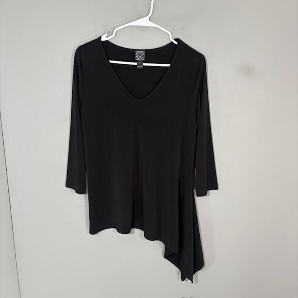 Clara Sun Woo Blouse Womens Small Black Solid V Neck 3/4 Sleeve Tunic Top